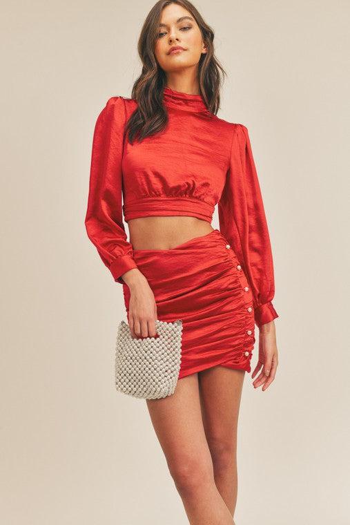 Satin Crop Top And Mini Skirt Set Red Rexpoor